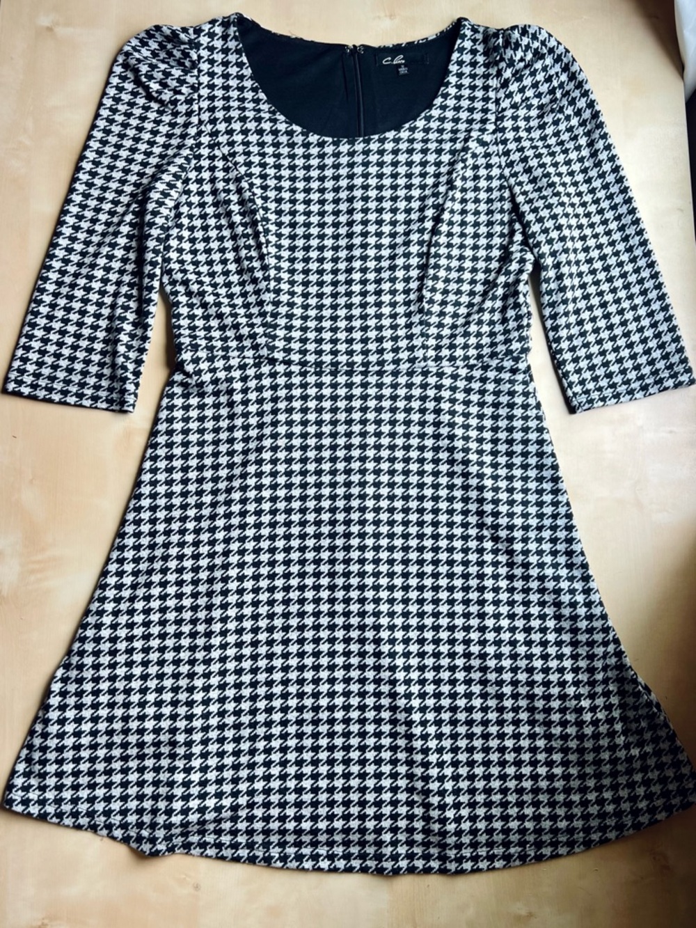Timeless Preppy Black and White Houndstooth Fit and Flare Dress Puff Sleeves
